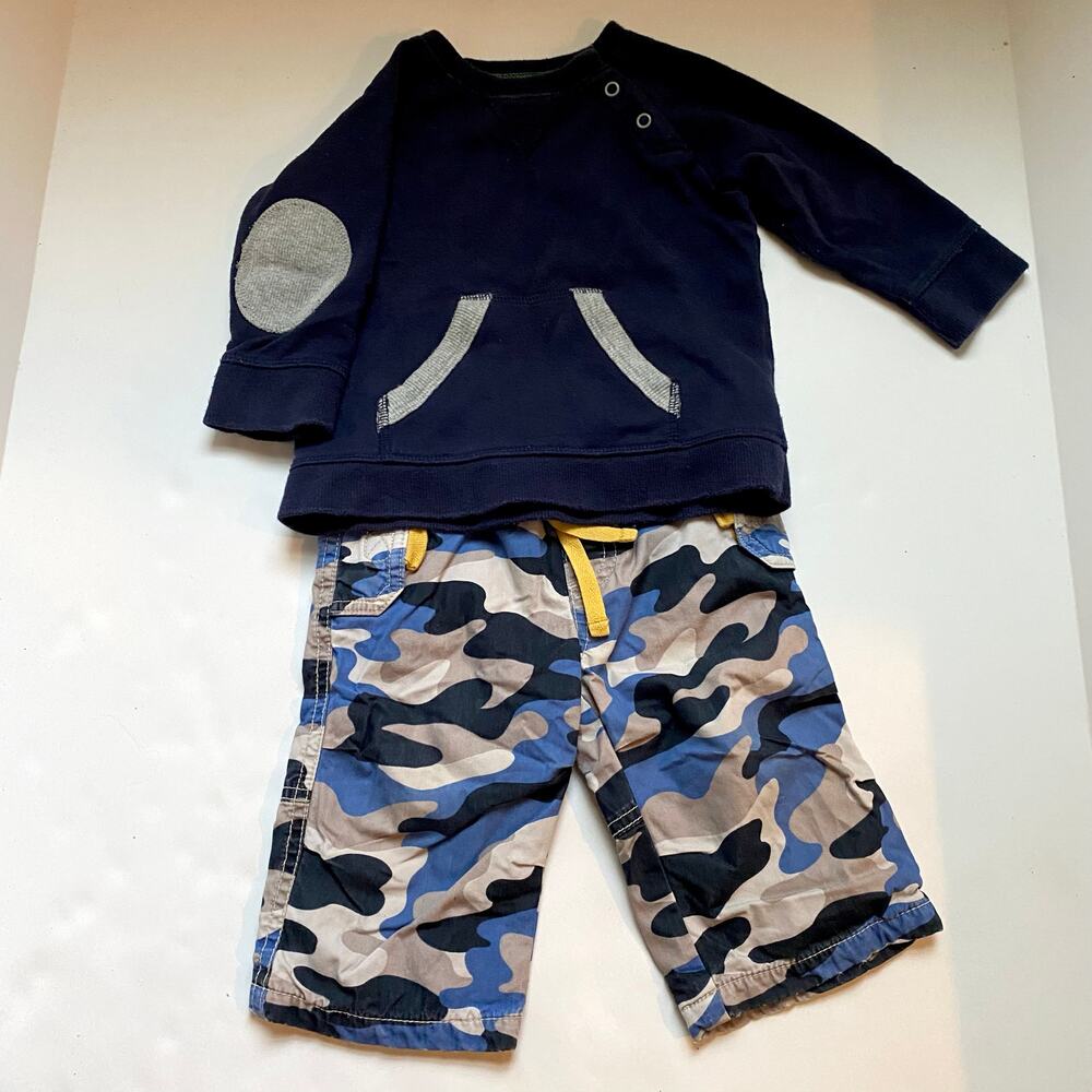 Baby Boden Navy Elbow Patch Sweatshirt & Matching Camo Jersey Lined Pants Outfit